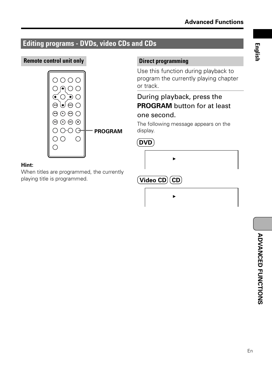 Editing programs - dvds, video cds and cds, Advanced functions, Adv anced functions english | Remote control unit only, Video cd dvd cd | Pioneer PDV-LC10 User Manual | Page 101 / 128