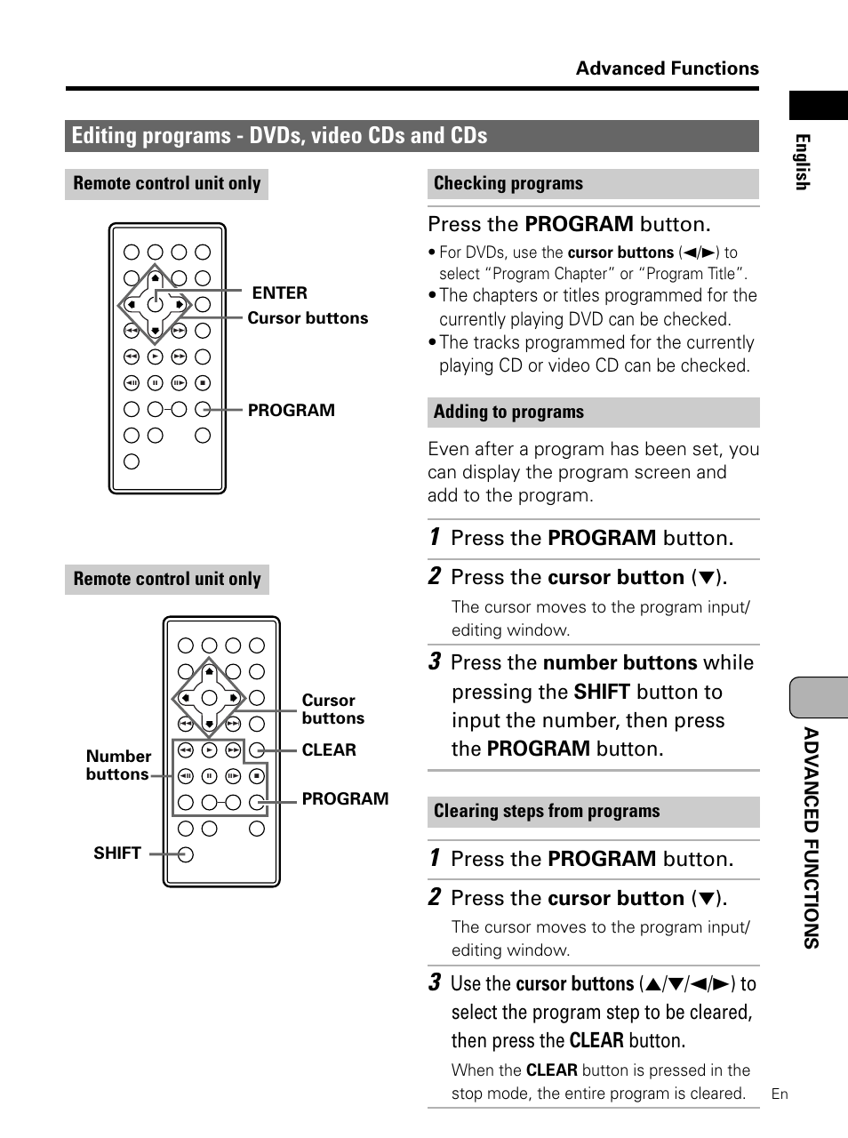 Editing programs - dvds, video cds and cds, Press the program button, Press the cursor button ( ∞) | Pioneer PDV-LC10 User Manual | Page 103 / 128