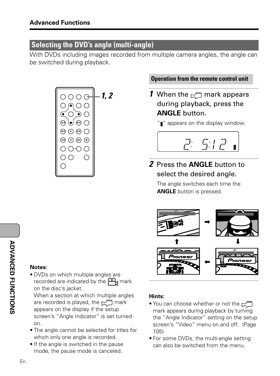 Selecting the dvd’s angle, Multi-angle), Selecting the dvd’s angle (multi-angle) | Press the angle button to select the desired angle, Advanced functions, Adv anced functions, Operation from the remote control unit | Pioneer PDV-LC10 User Manual | Page 104 / 128