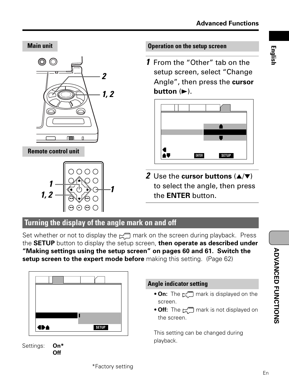 Turning the display of the angle mark on, And off, Turning the display of the angle mark on and off | Advanced functions, Adv anced functions english | Pioneer PDV-LC10 User Manual | Page 105 / 128