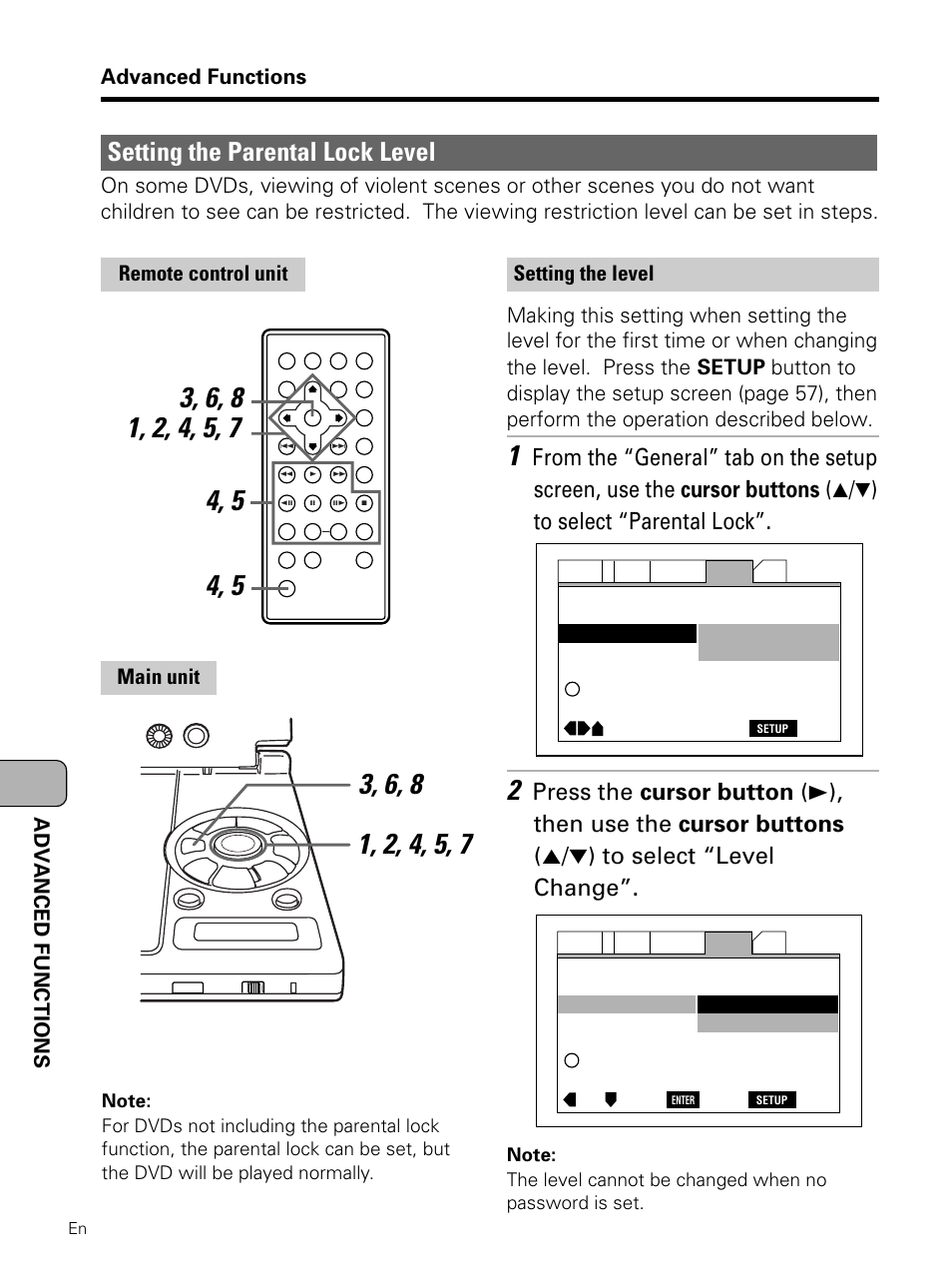 Setting the parental lock level, Advanced functions, Adv anced functions | Main unit remote control unit | Pioneer PDV-LC10 User Manual | Page 106 / 128