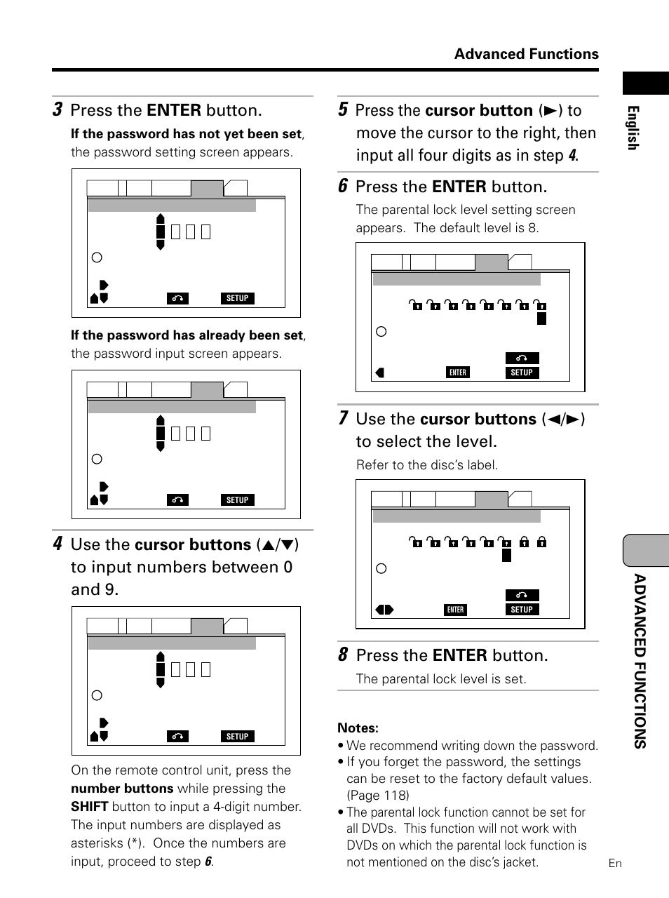 Press the enter button, Use the cursor buttons ( 2/3) to select the level, Advanced functions | Adv anced functions english | Pioneer PDV-LC10 User Manual | Page 107 / 128