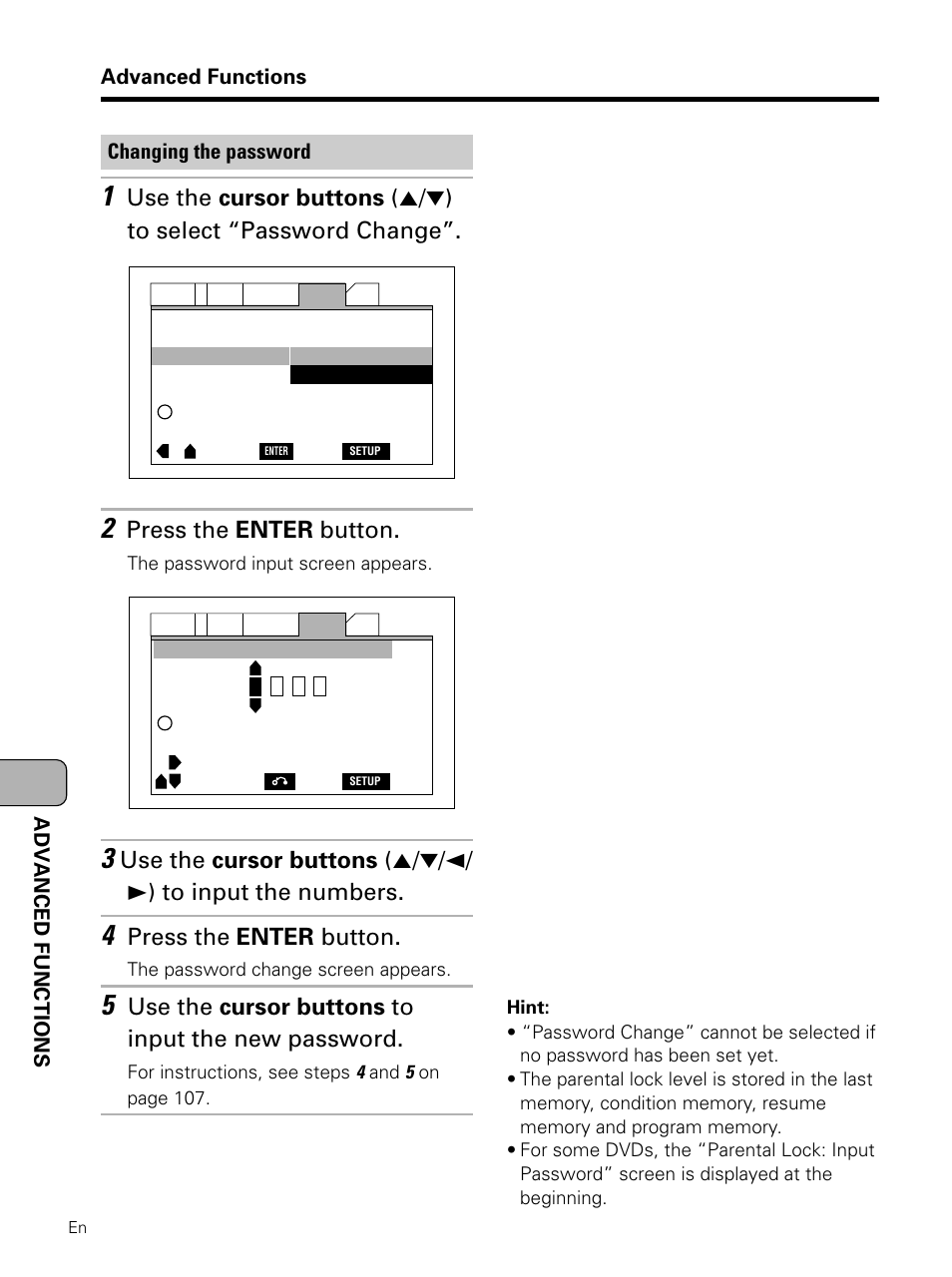 Press the enter button, Use the cursor buttons to input the new password | Pioneer PDV-LC10 User Manual | Page 108 / 128