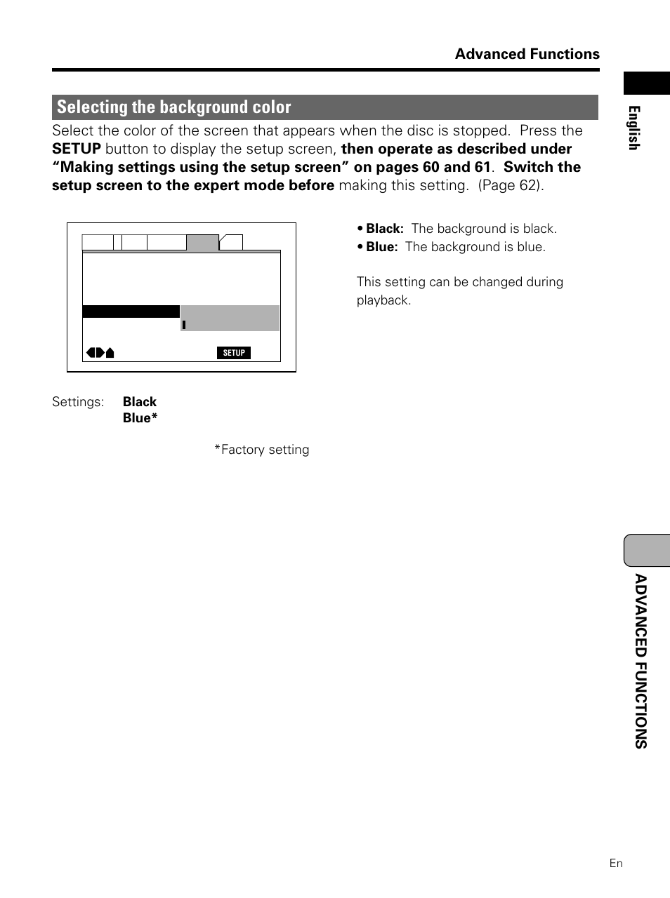 Selecting the background color, Advanced functions, Adv anced functions english | Pioneer PDV-LC10 User Manual | Page 109 / 128