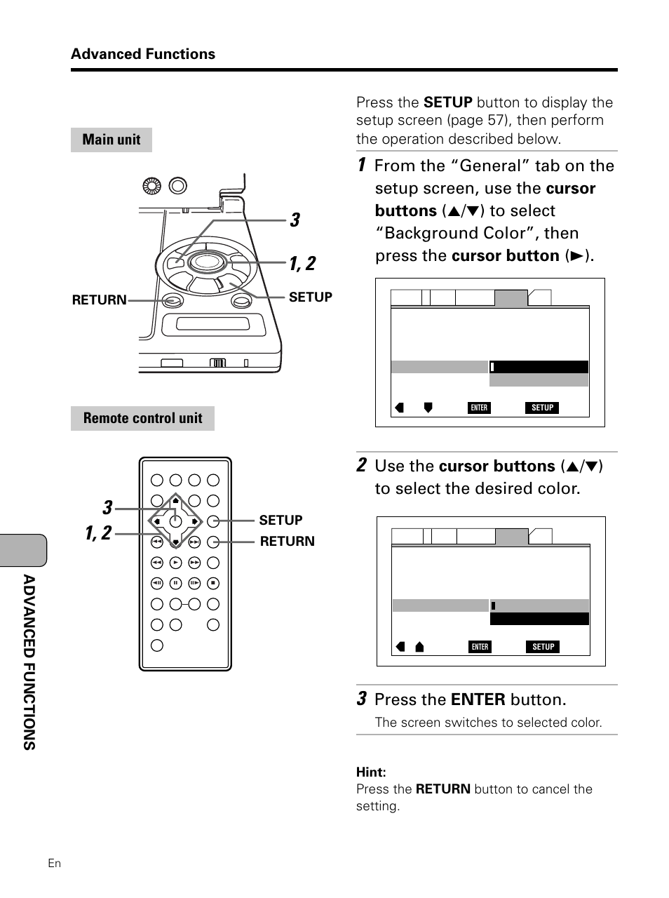 Press the enter button, Advanced functions, Main unit remote control unit | Pioneer PDV-LC10 User Manual | Page 110 / 128