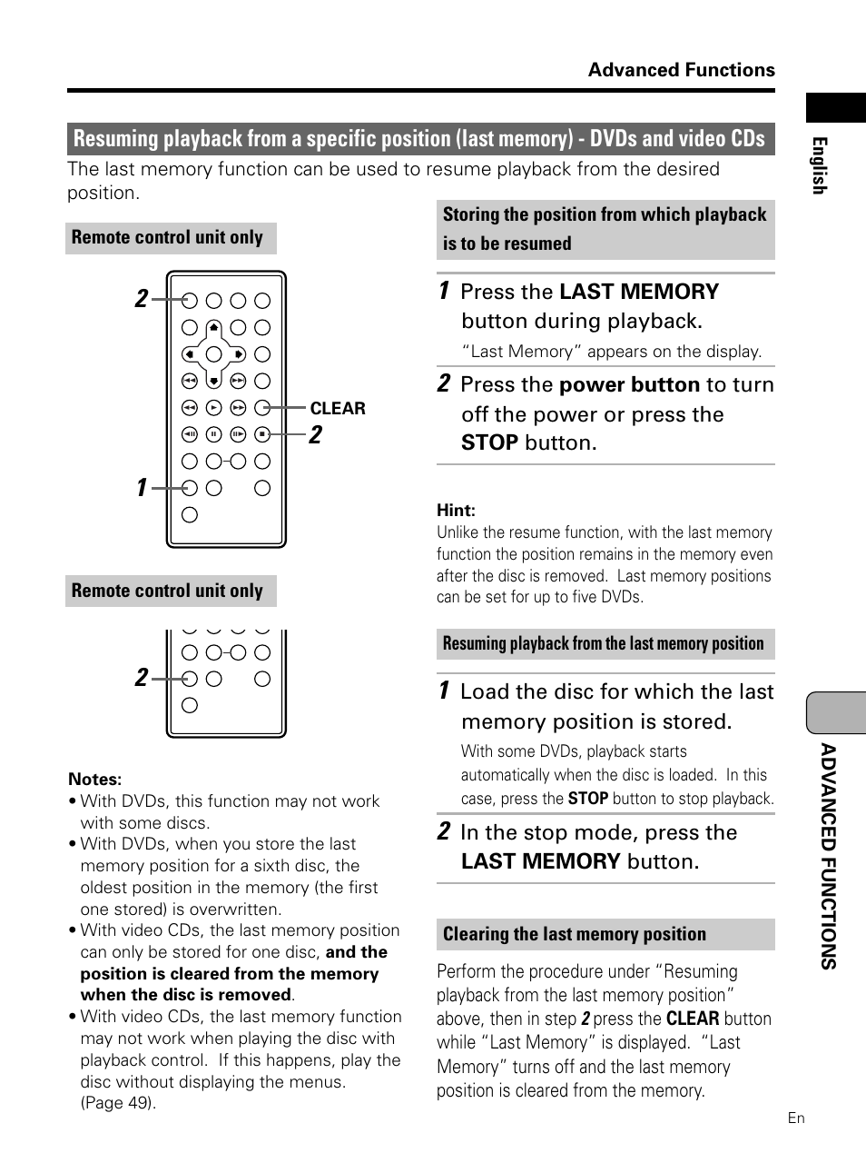 Resuming playback from a specific, Position (last memory) | Pioneer PDV-LC10 User Manual | Page 111 / 128