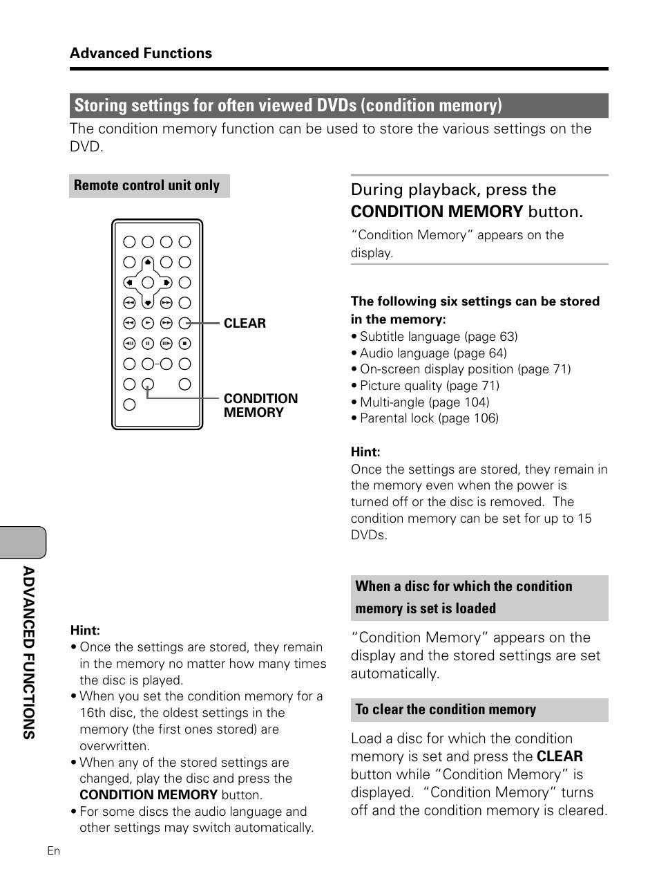 Storing settings for often viewed dvds, Condition memory), Advanced functions | Adv anced functions, Remote control unit only | Pioneer PDV-LC10 User Manual | Page 112 / 128