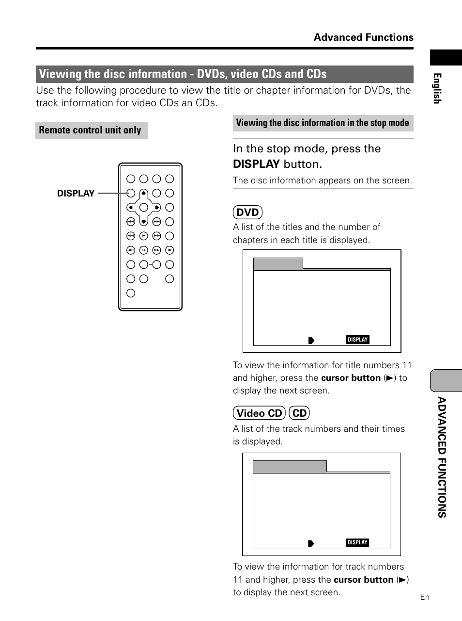 Viewing the disc information, Advanced functions, Adv anced functions english | Dvd video cd cd, Remote control unit only | Pioneer PDV-LC10 User Manual | Page 113 / 128