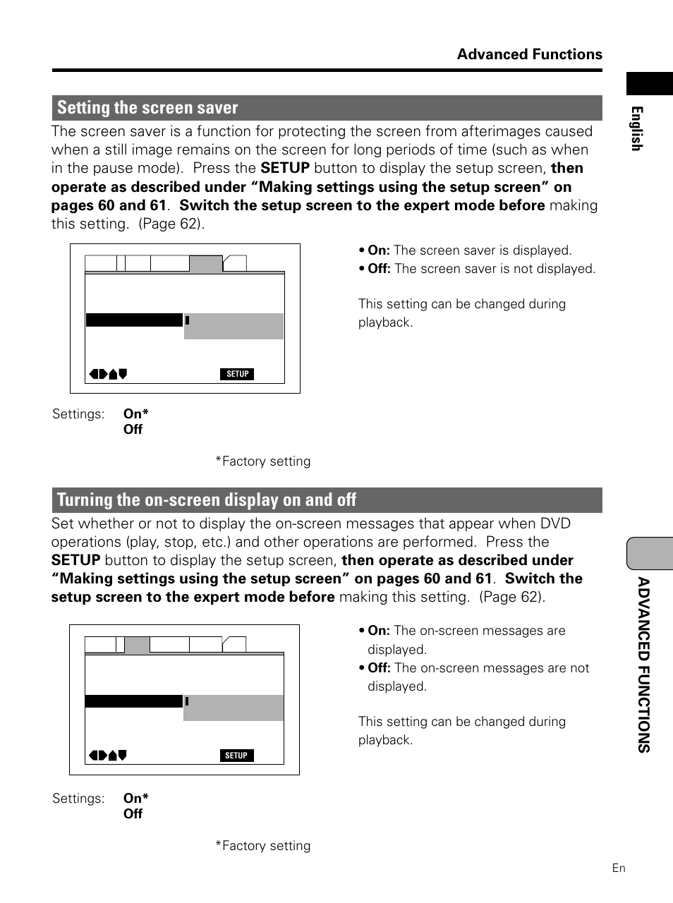 Setting the screen saver, Turning the on-screen display on and off, Advanced functions | Adv anced functions english | Pioneer PDV-LC10 User Manual | Page 117 / 128