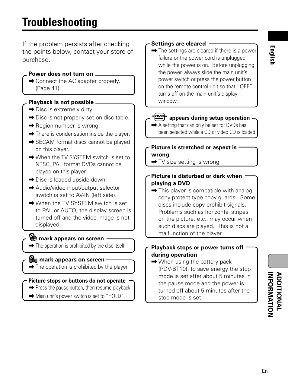 Additional information, Troubleshooting | Pioneer PDV-LC10 User Manual | Page 119 / 128
