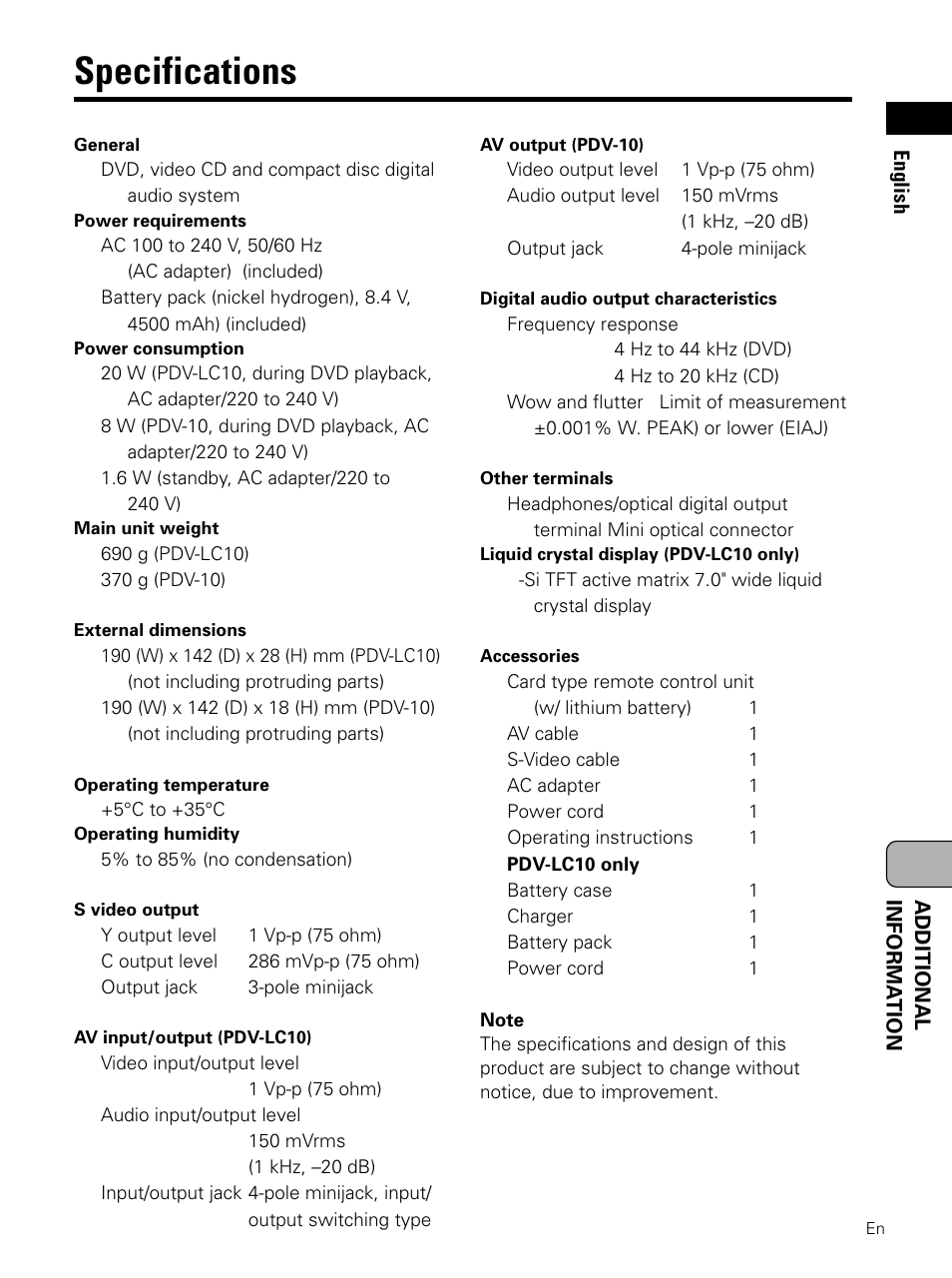 Specifications | Pioneer PDV-LC10 User Manual | Page 125 / 128