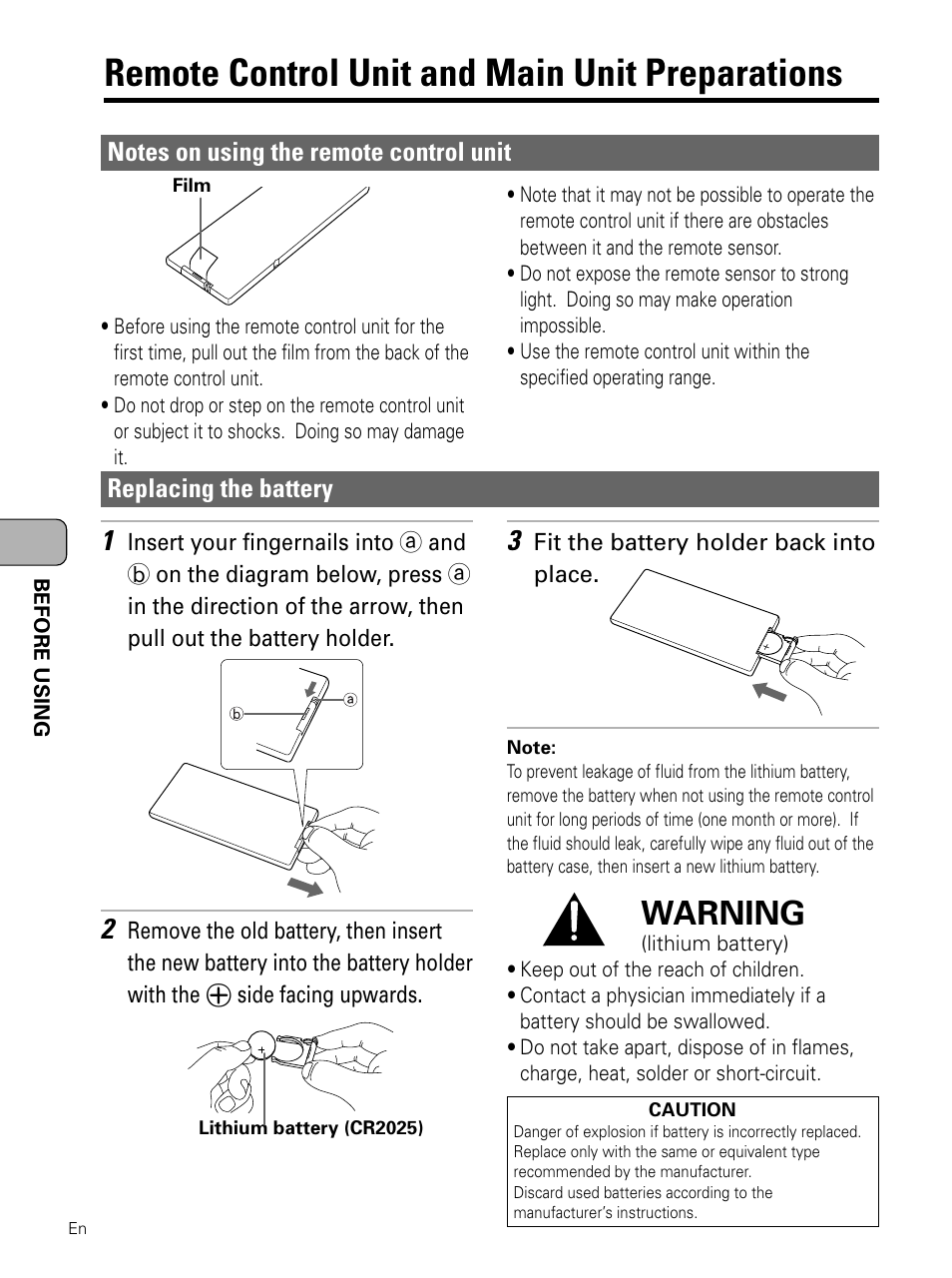 Remote control unit and main unit, Preparations, Remote control unit and main unit preparations | Warning, Replacing the battery | Pioneer PDV-LC10 User Manual | Page 16 / 128