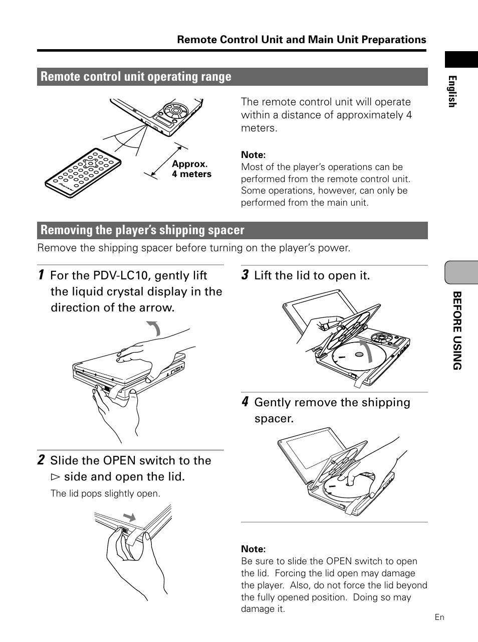 Remote control unit operating range, Removing the player’s shipping spacer, Lift the lid to open it | Gently remove the shipping spacer | Pioneer PDV-LC10 User Manual | Page 17 / 128