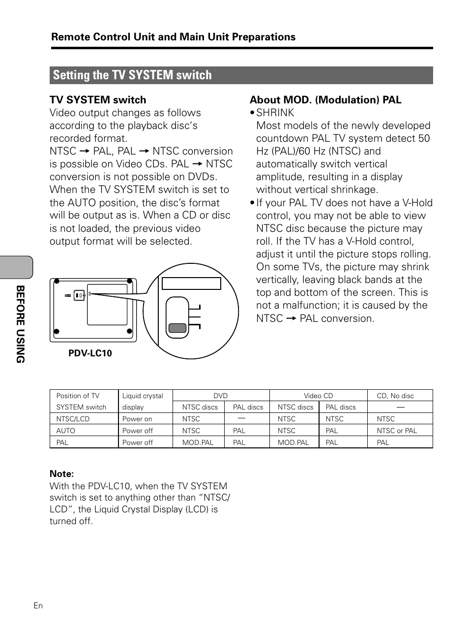 Setting the tv system switch | Pioneer PDV-LC10 User Manual | Page 18 / 128