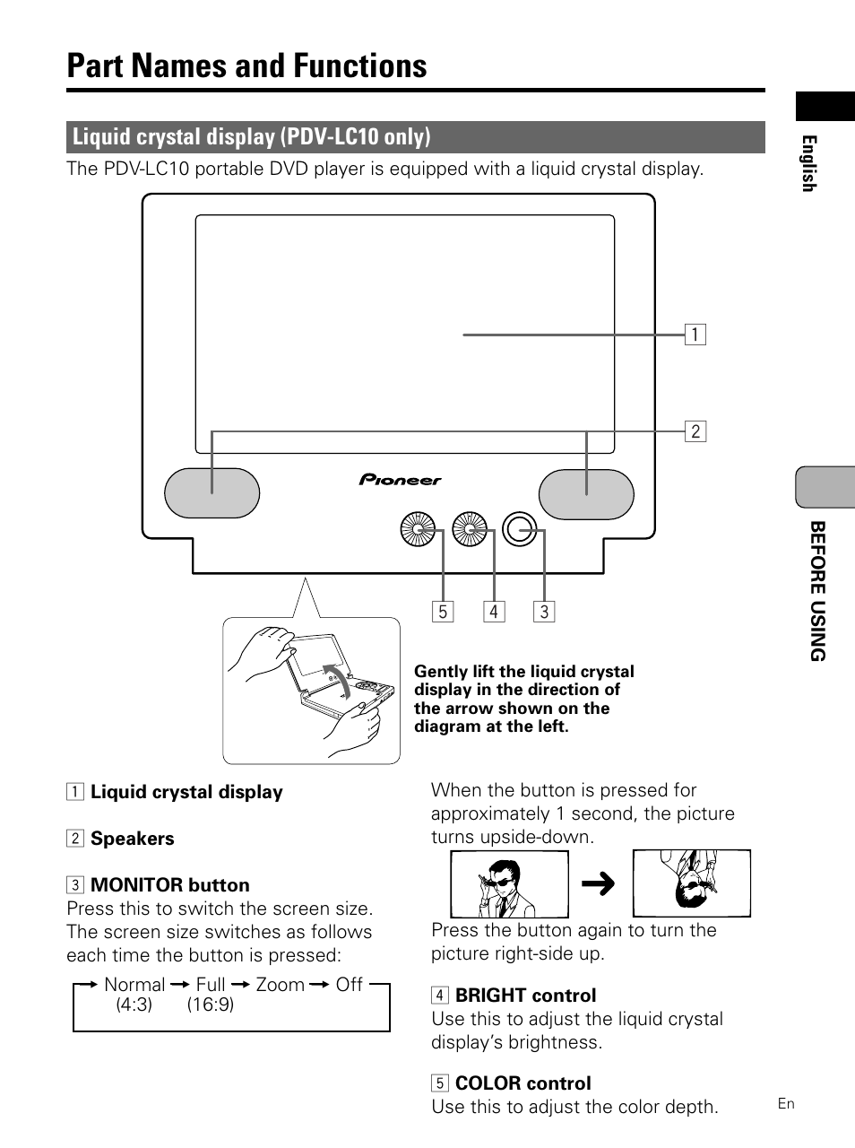 Part names and functions, Liquid crystal display (pdv-lc10 only) | Pioneer PDV-LC10 User Manual | Page 19 / 128
