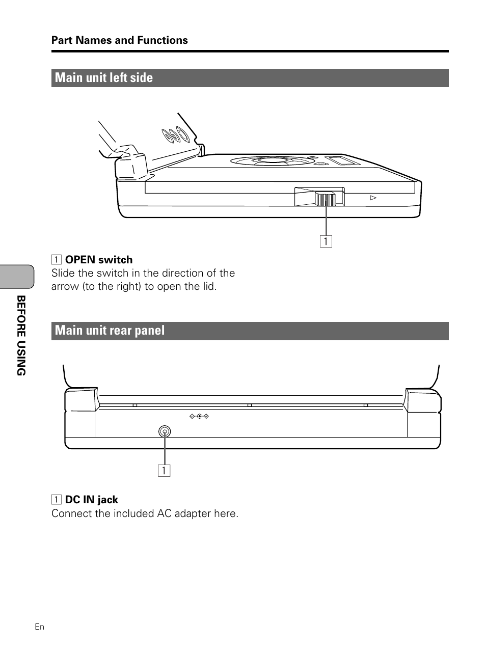 Main unit left side, Main unit rear panel | Pioneer PDV-LC10 User Manual | Page 22 / 128