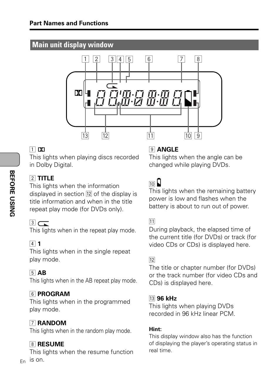 Main unit display window | Pioneer PDV-LC10 User Manual | Page 24 / 128