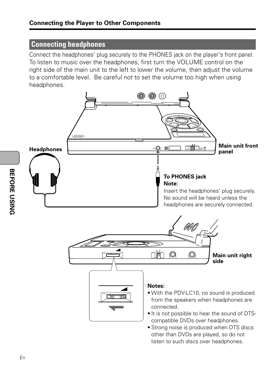 Connecting headphones, Before using, Connecting the player to other components | Pioneer PDV-LC10 User Manual | Page 34 / 128
