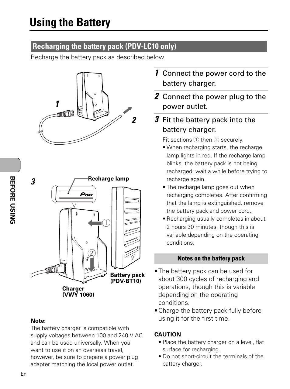 Using the battery, Recharging the battery pack, Recharging the battery pack (pdv-lc10 only) | Pioneer PDV-LC10 User Manual | Page 36 / 128