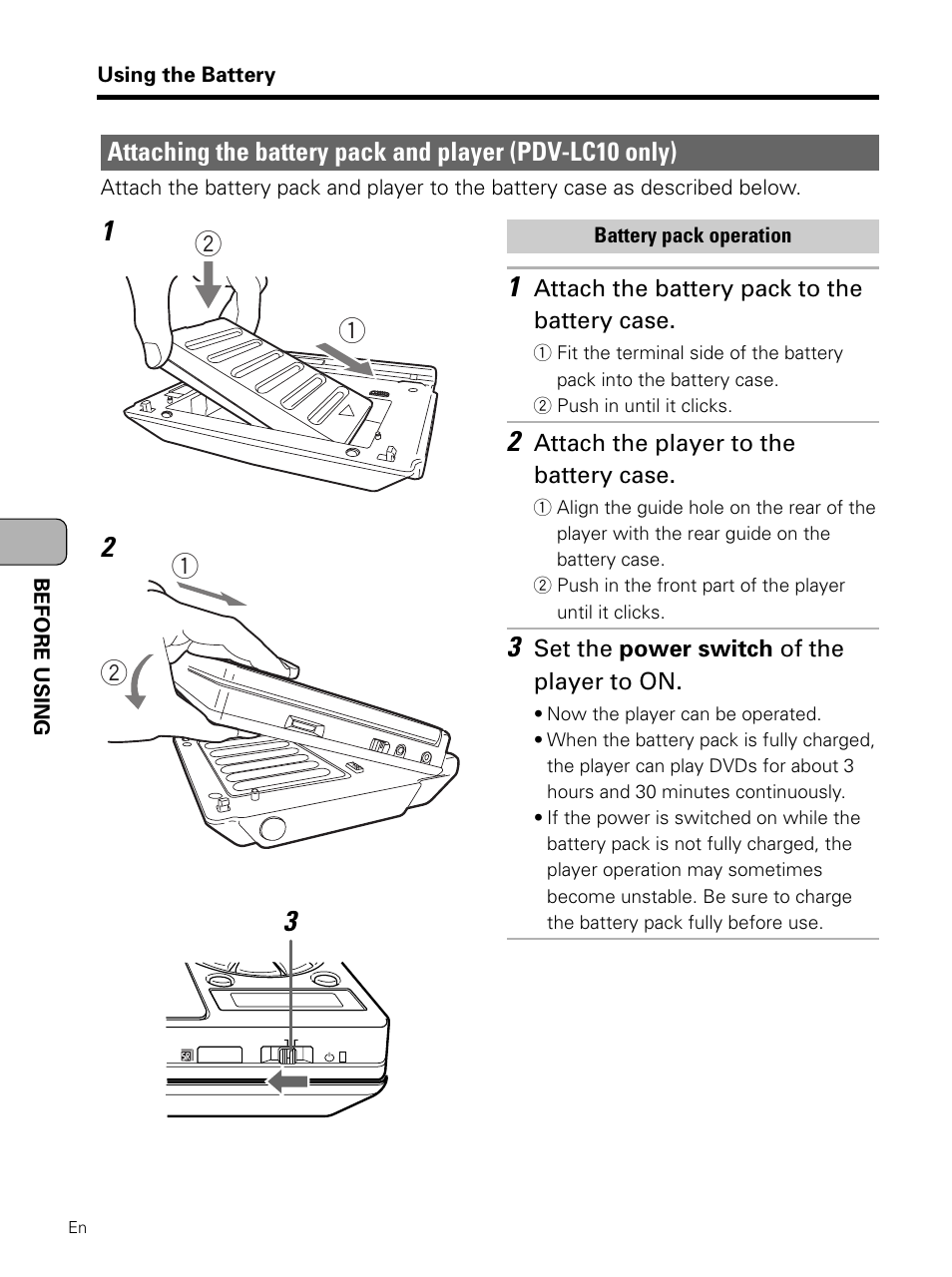 Attaching the battery pack and player | Pioneer PDV-LC10 User Manual | Page 38 / 128