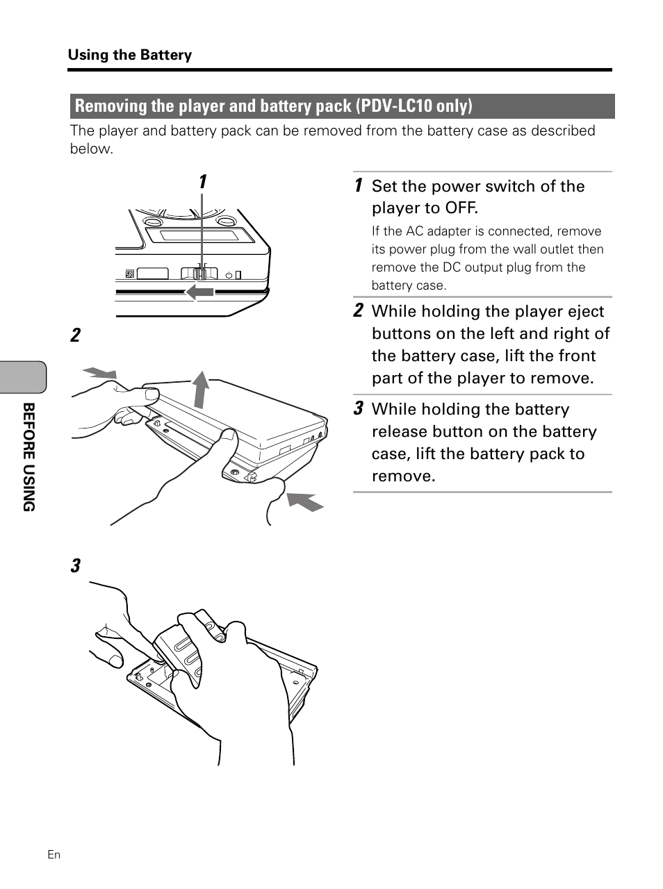 Removing the player and battery pack | Pioneer PDV-LC10 User Manual | Page 40 / 128