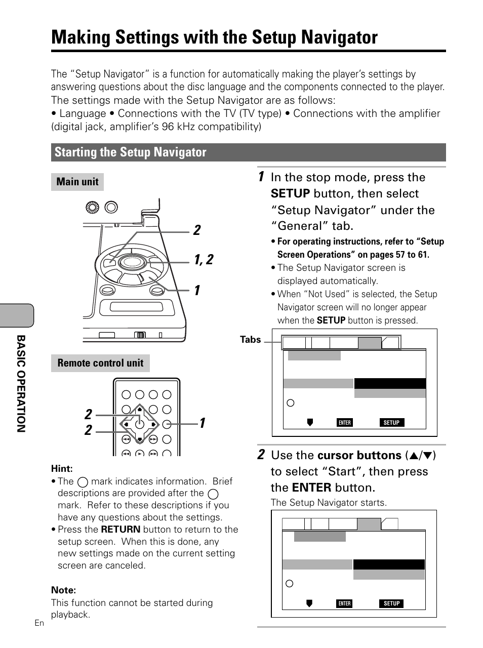 Making settings with the setup, Navigator, Starting the setup navigator | Making settings with the setup navigator, Basic opera tion, Main unit remote control unit | Pioneer PDV-LC10 User Manual | Page 42 / 128