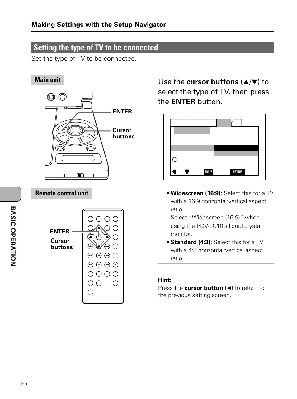 Setting the type of tv to be connected, Set the type of tv to be connected, Main unit remote control unit | Pioneer PDV-LC10 User Manual | Page 44 / 128