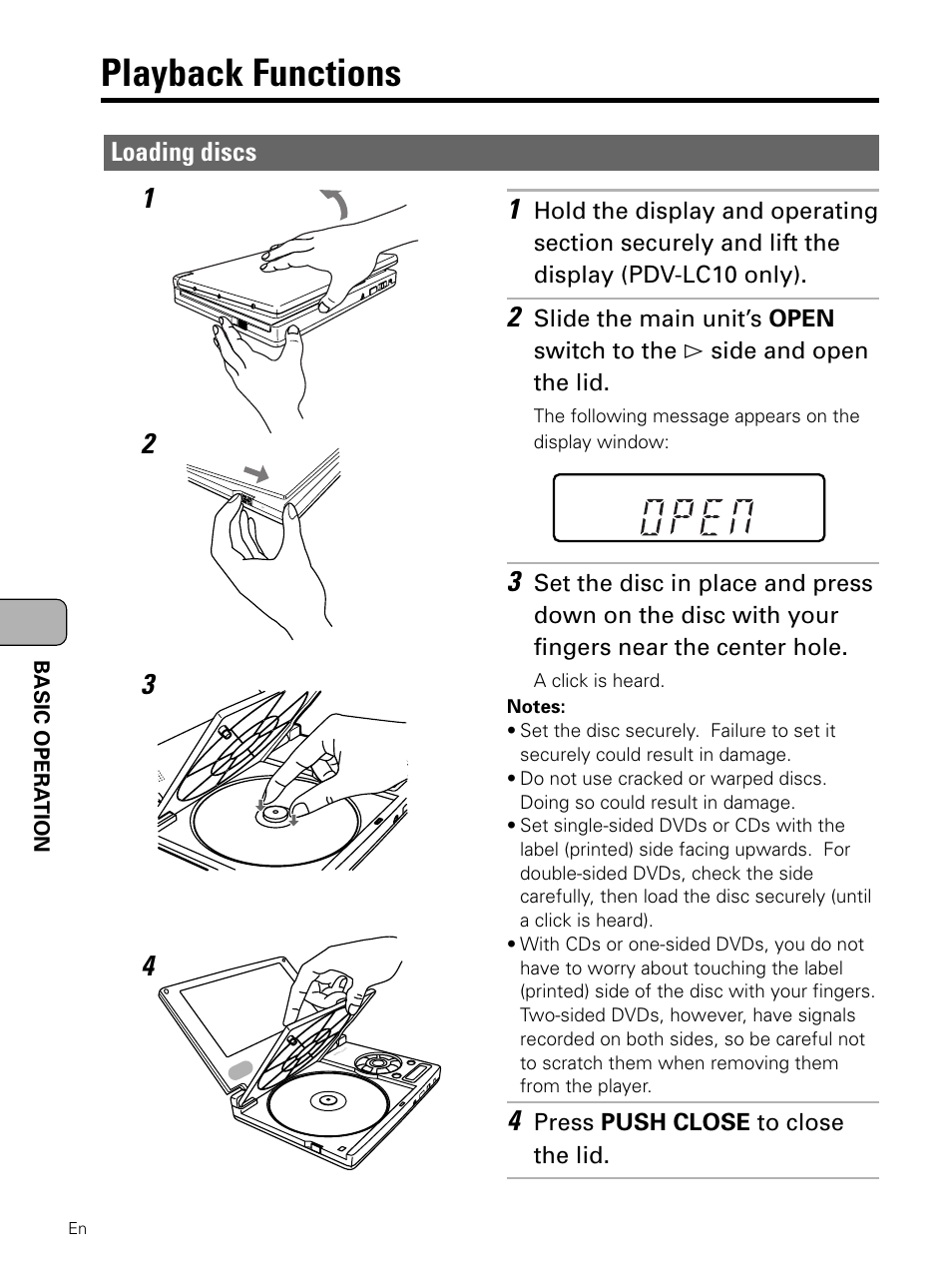Playback functions, Loading discs | Pioneer PDV-LC10 User Manual | Page 48 / 128