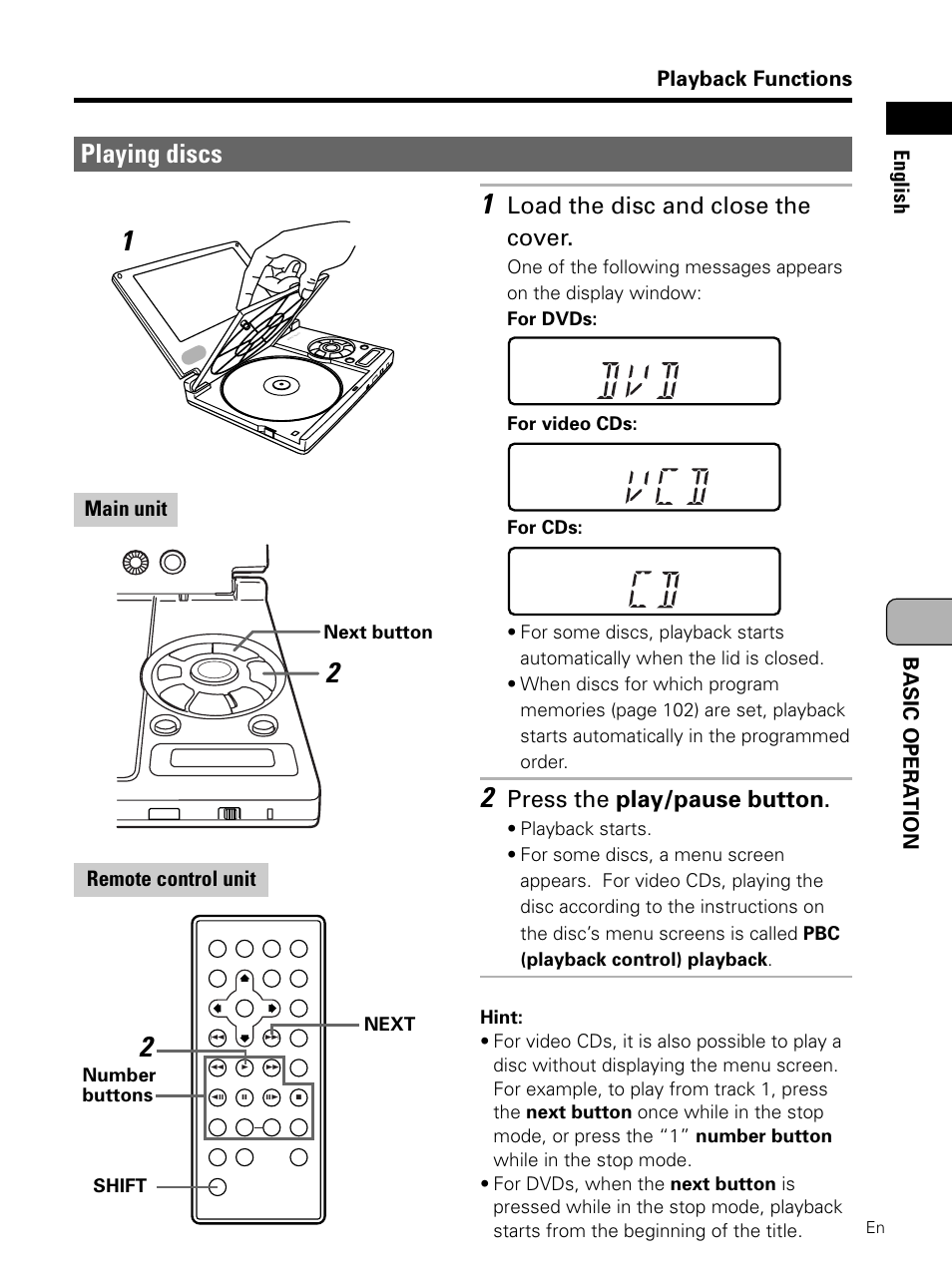 Playing discs, Load the disc and close the cover, Press the play/pause button | Pioneer PDV-LC10 User Manual | Page 49 / 128