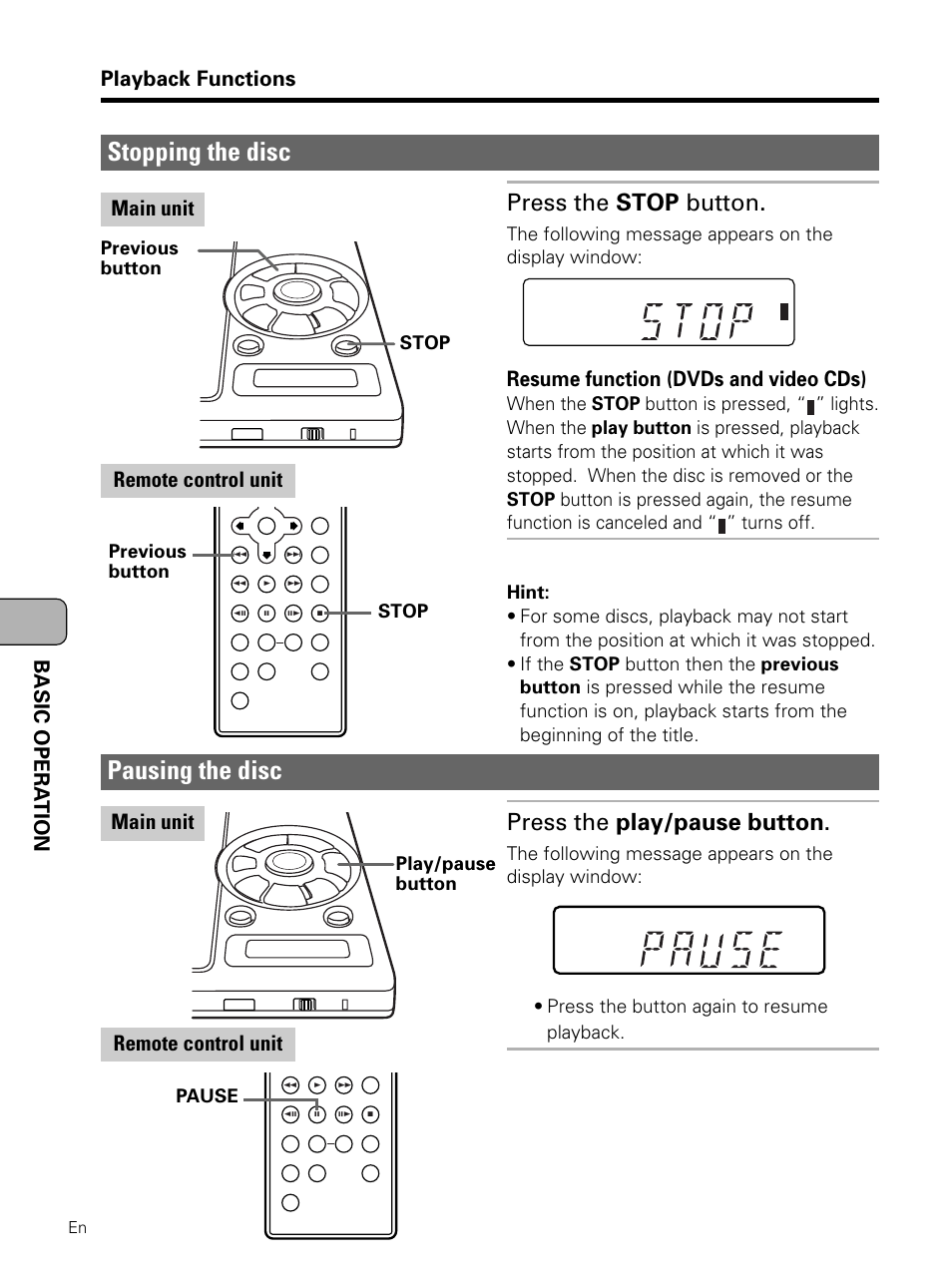 Stopping the disc, Pausing the disc, Press the stop button | Press the play/pause button, Basic opera tion playback functions, Main unit remote control unit, Resume function (dvds and video cds) | Pioneer PDV-LC10 User Manual | Page 52 / 128