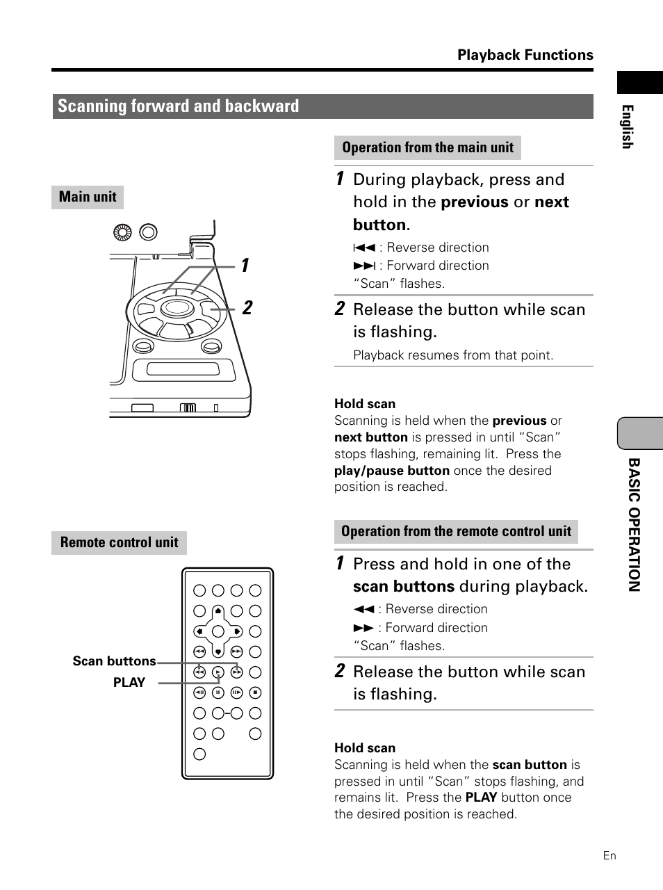 Scanning forward and backward, Release the button while scan is flashing | Pioneer PDV-LC10 User Manual | Page 53 / 128