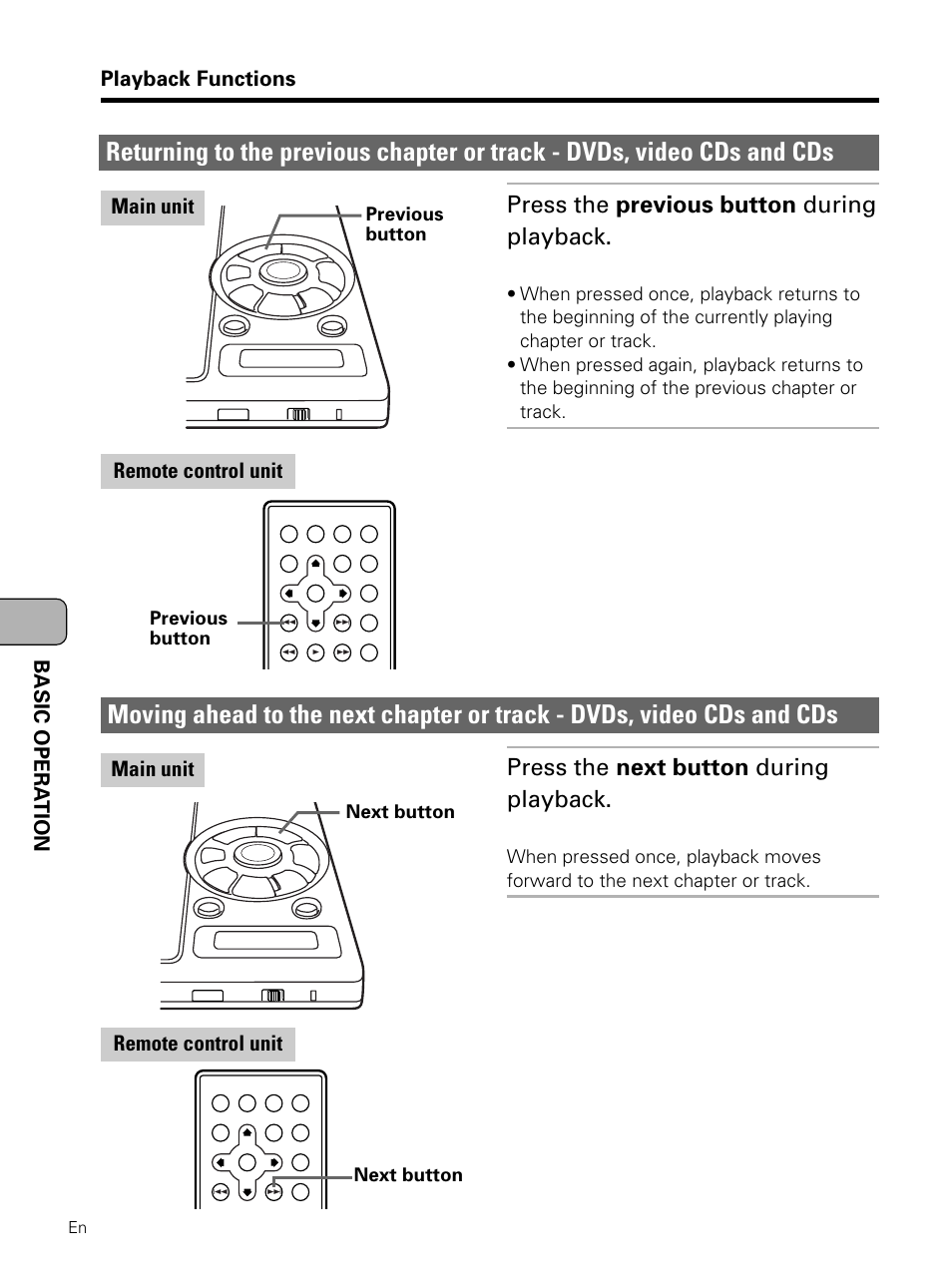 Returning to the previous chapter or, Track, Moving ahead to the next chapter or | Press the previous button during playback, Press the next button during playback, Basic opera tion playback functions, Main unit remote control unit | Pioneer PDV-LC10 User Manual | Page 54 / 128