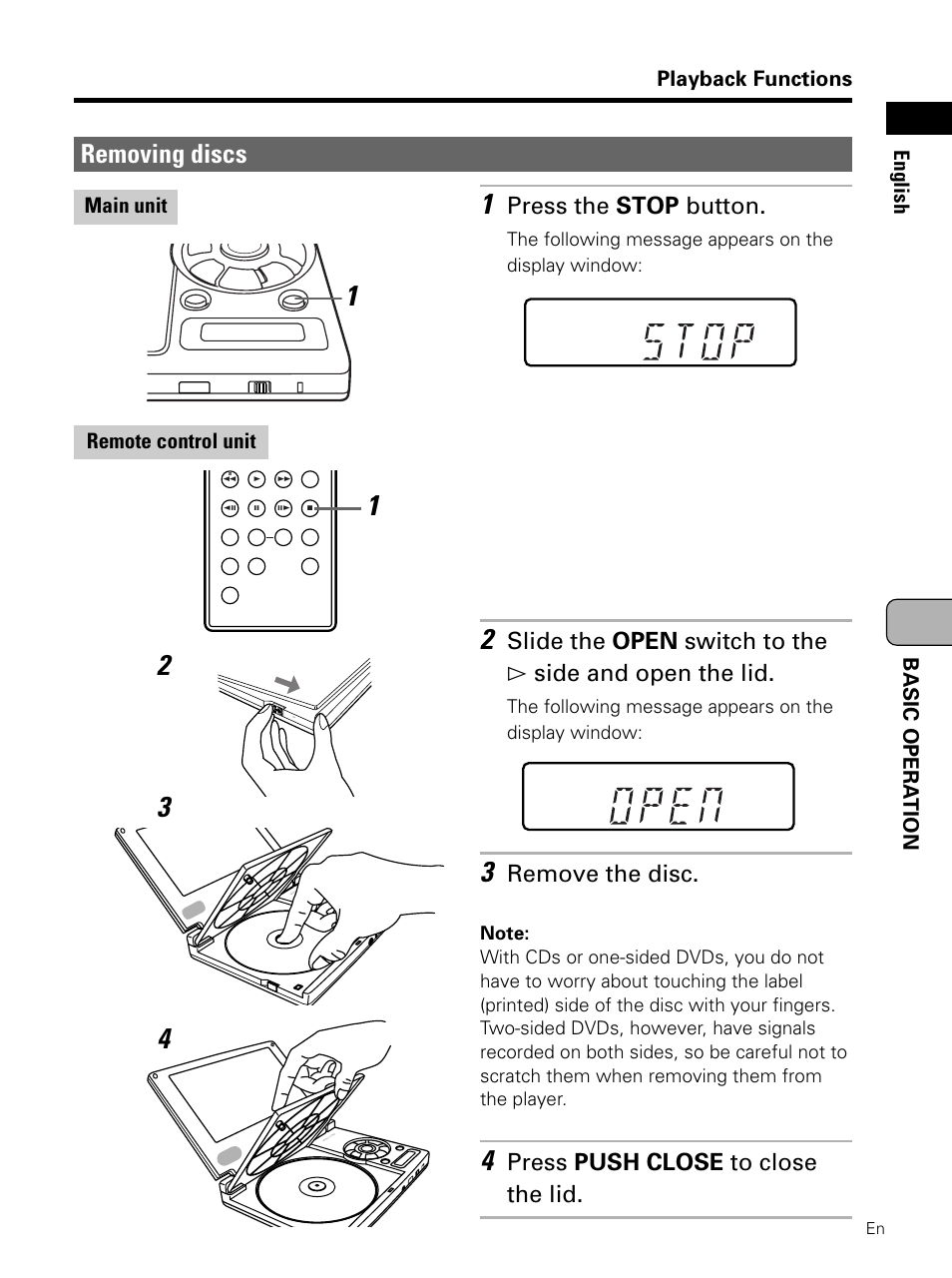 Removing discs, Press the stop button, Remove the disc | Press push close to close the lid | Pioneer PDV-LC10 User Manual | Page 55 / 128