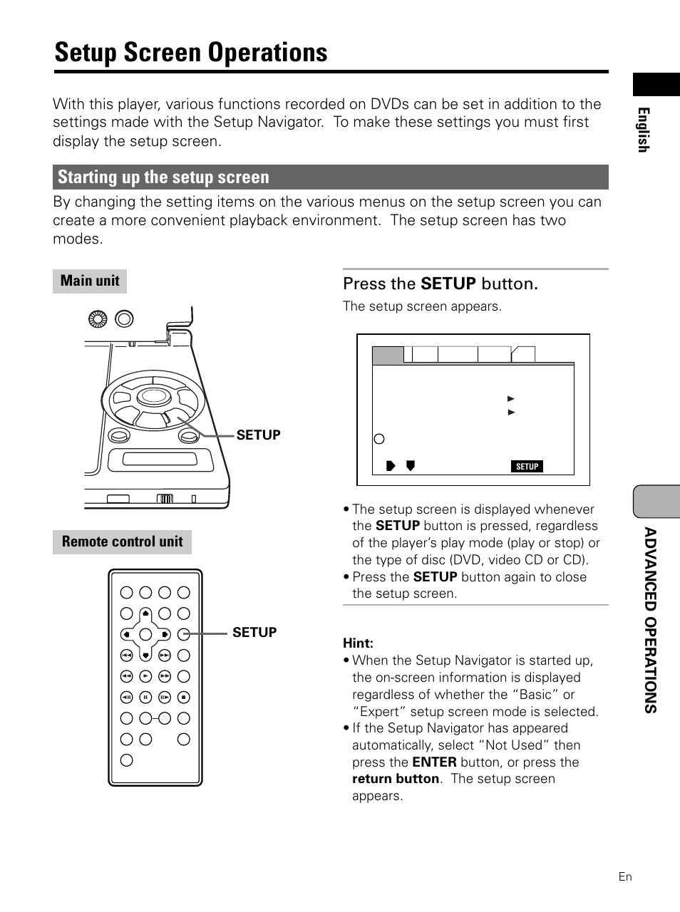 Advanced operations, Setup screen operations, Starting up the setup screen | Press the setup button, Adv anced opera tions english | Pioneer PDV-LC10 User Manual | Page 57 / 128