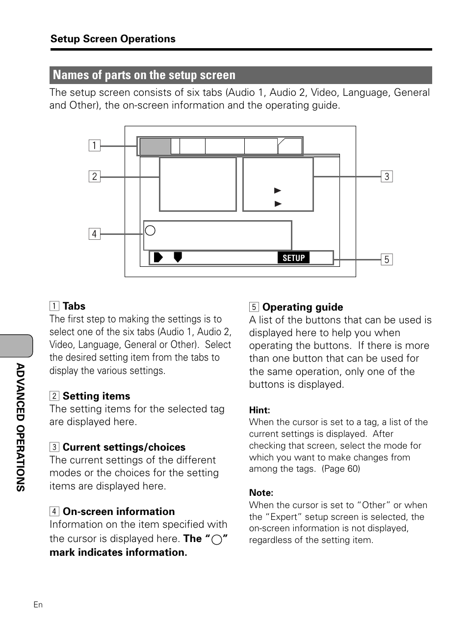 Names of parts on the setup screen | Pioneer PDV-LC10 User Manual | Page 58 / 128