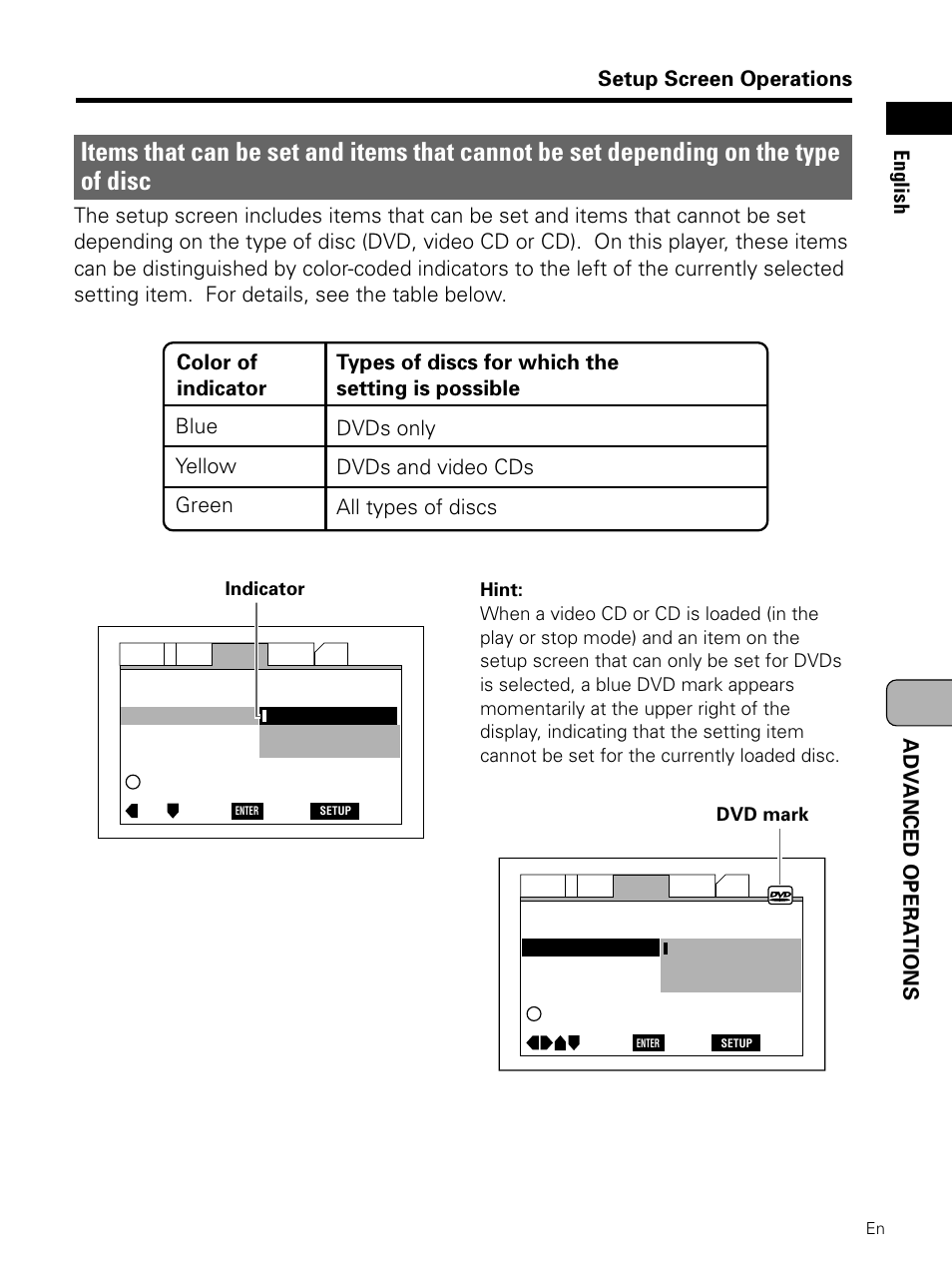 Items that can be set and items that, Cannot be set depending on the type of disc, Color of indicator | Pioneer PDV-LC10 User Manual | Page 59 / 128
