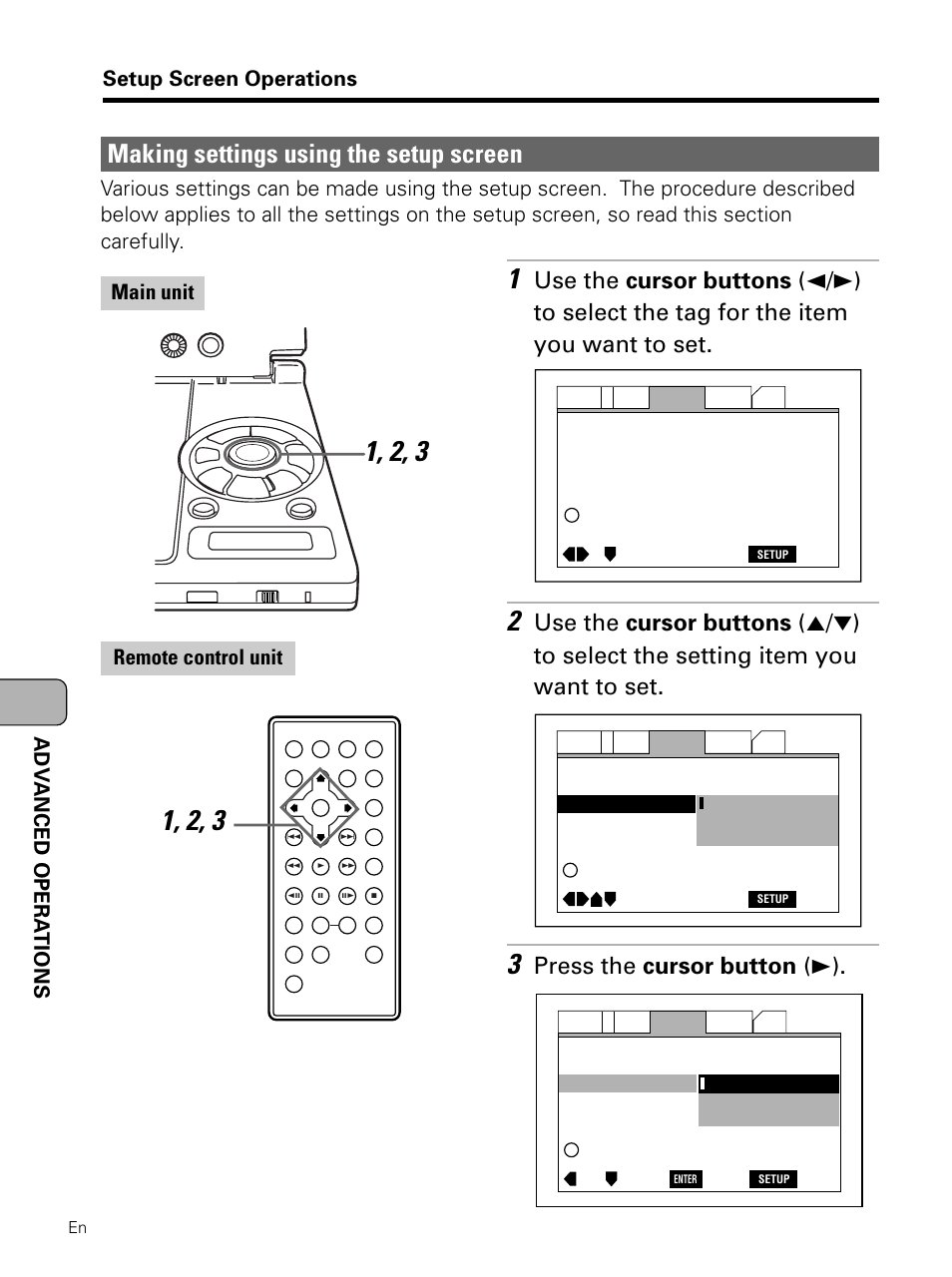 Making settings using the setup screen, Press the cursor button ( 3), Adv anced opera tions setup screen operations | Pioneer PDV-LC10 User Manual | Page 60 / 128