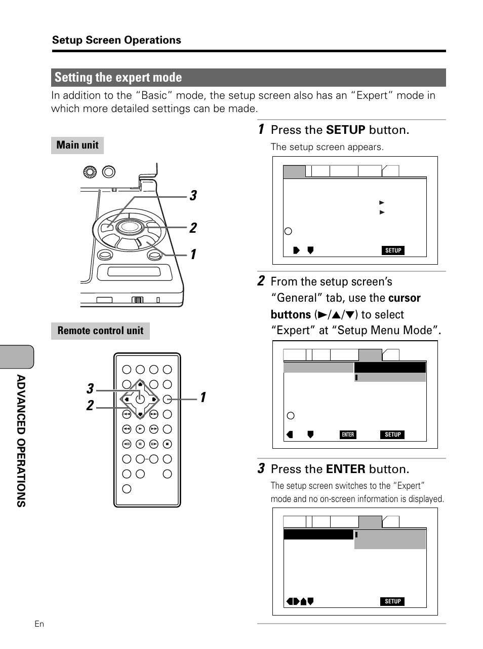 Setting the expert mode, Press the setup button, Press the enter button | Adv anced opera tions setup screen operations, Main unit remote control unit | Pioneer PDV-LC10 User Manual | Page 62 / 128