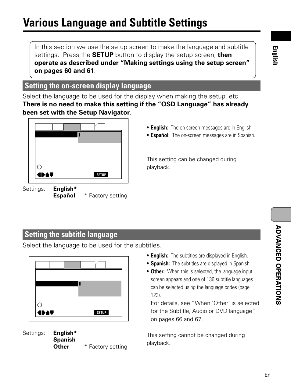 Various language and subtitle settings, Setting the on-screen display language, Setting the subtitle language | Adv anced opera tions english, Select the language to be used for the subtitles | Pioneer PDV-LC10 User Manual | Page 63 / 128