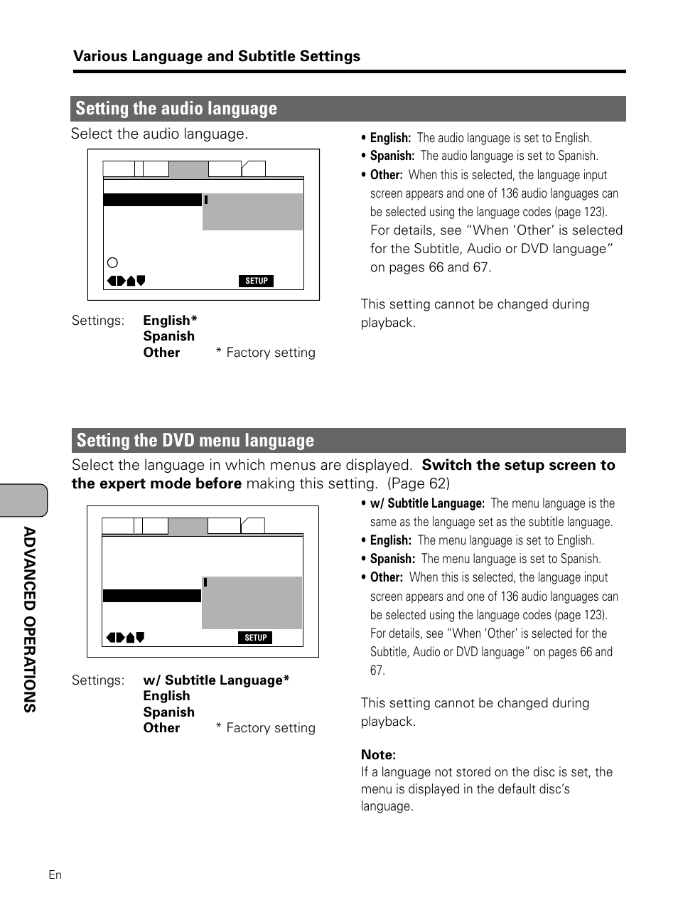 Setting the audio language, Setting the dvd menu language, Select the audio language | Pioneer PDV-LC10 User Manual | Page 64 / 128