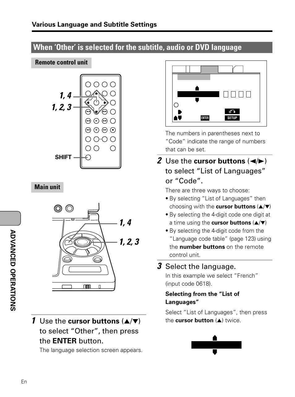 When ‘other’ is selected for the, Subtitle, audio or dvd language, Select the language | Pioneer PDV-LC10 User Manual | Page 66 / 128