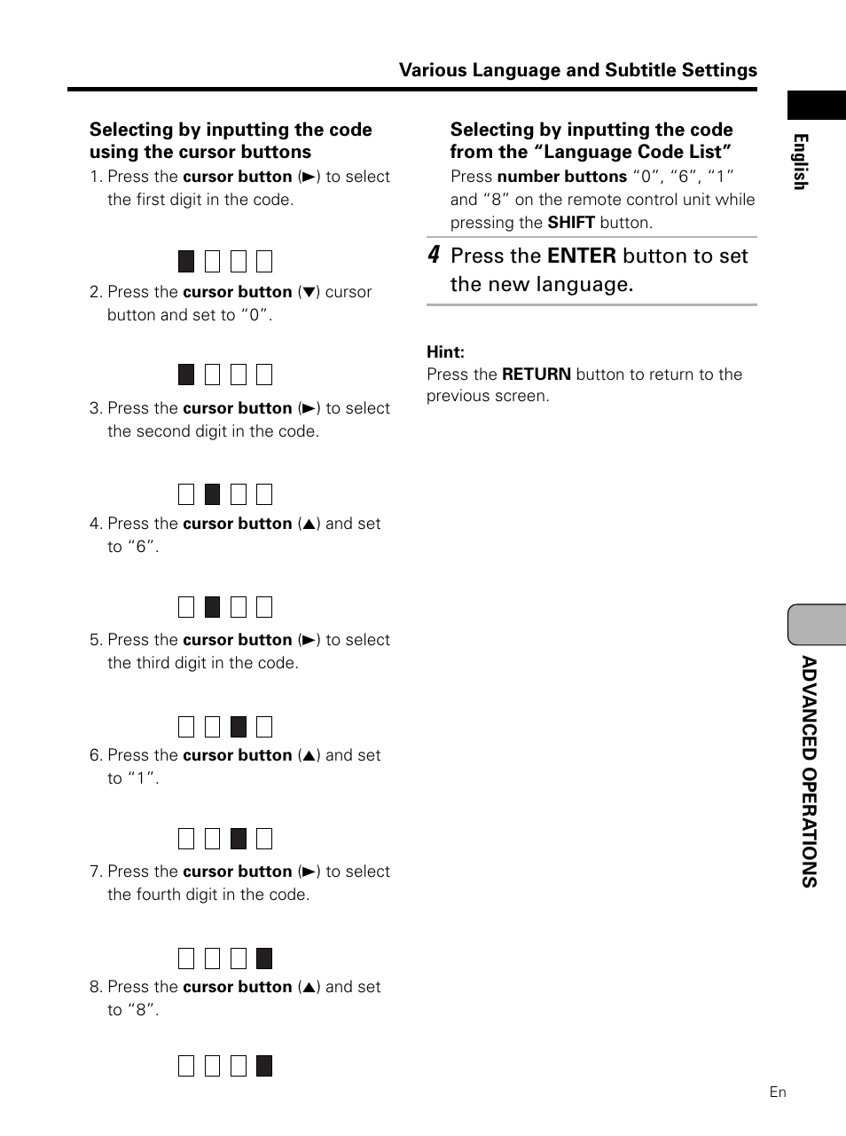 Press the enter button to set the new language | Pioneer PDV-LC10 User Manual | Page 67 / 128