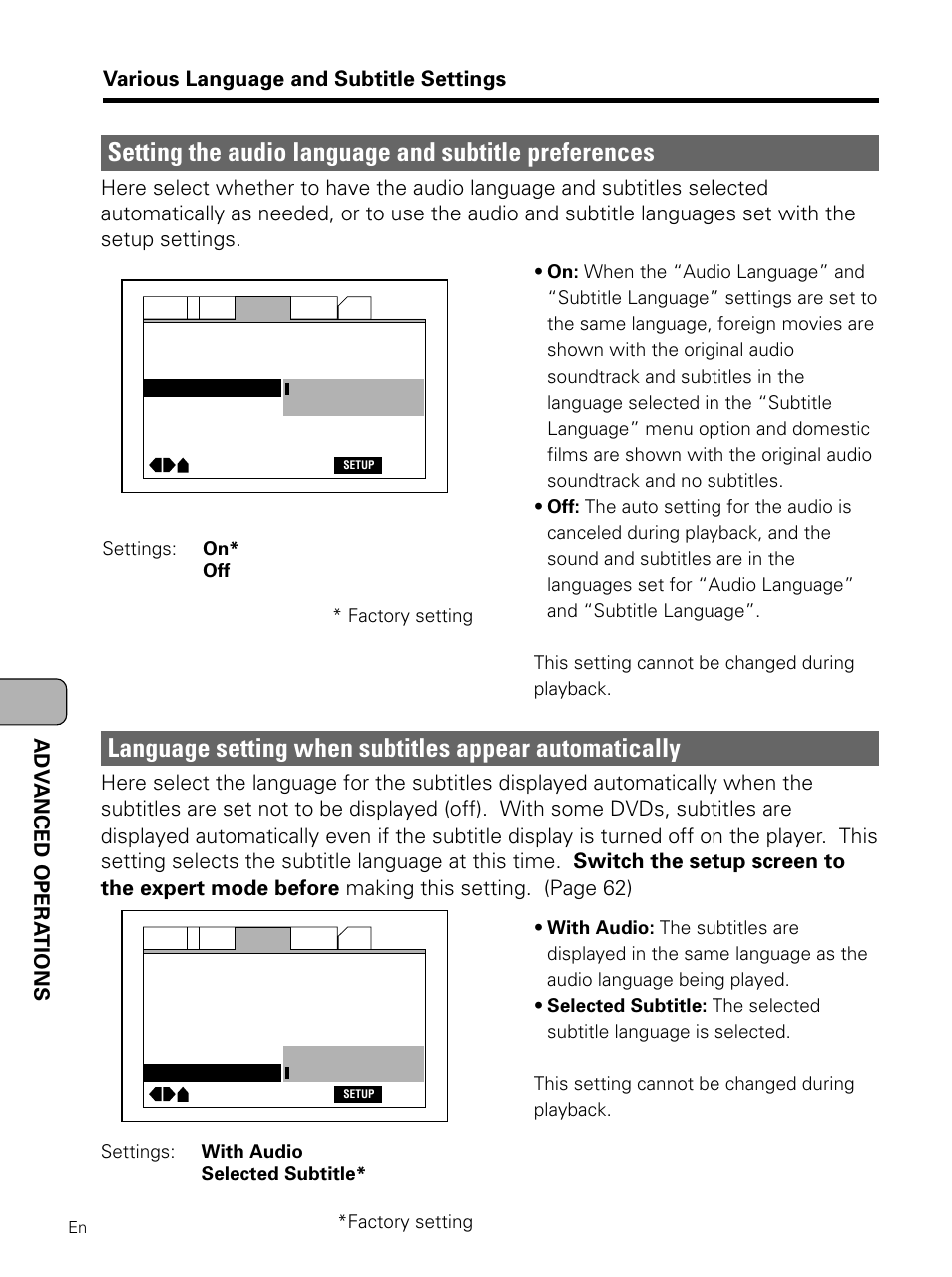 Setting the audio language and subtitle, Preferences, Language setting when subtitles appear | Automatically | Pioneer PDV-LC10 User Manual | Page 68 / 128
