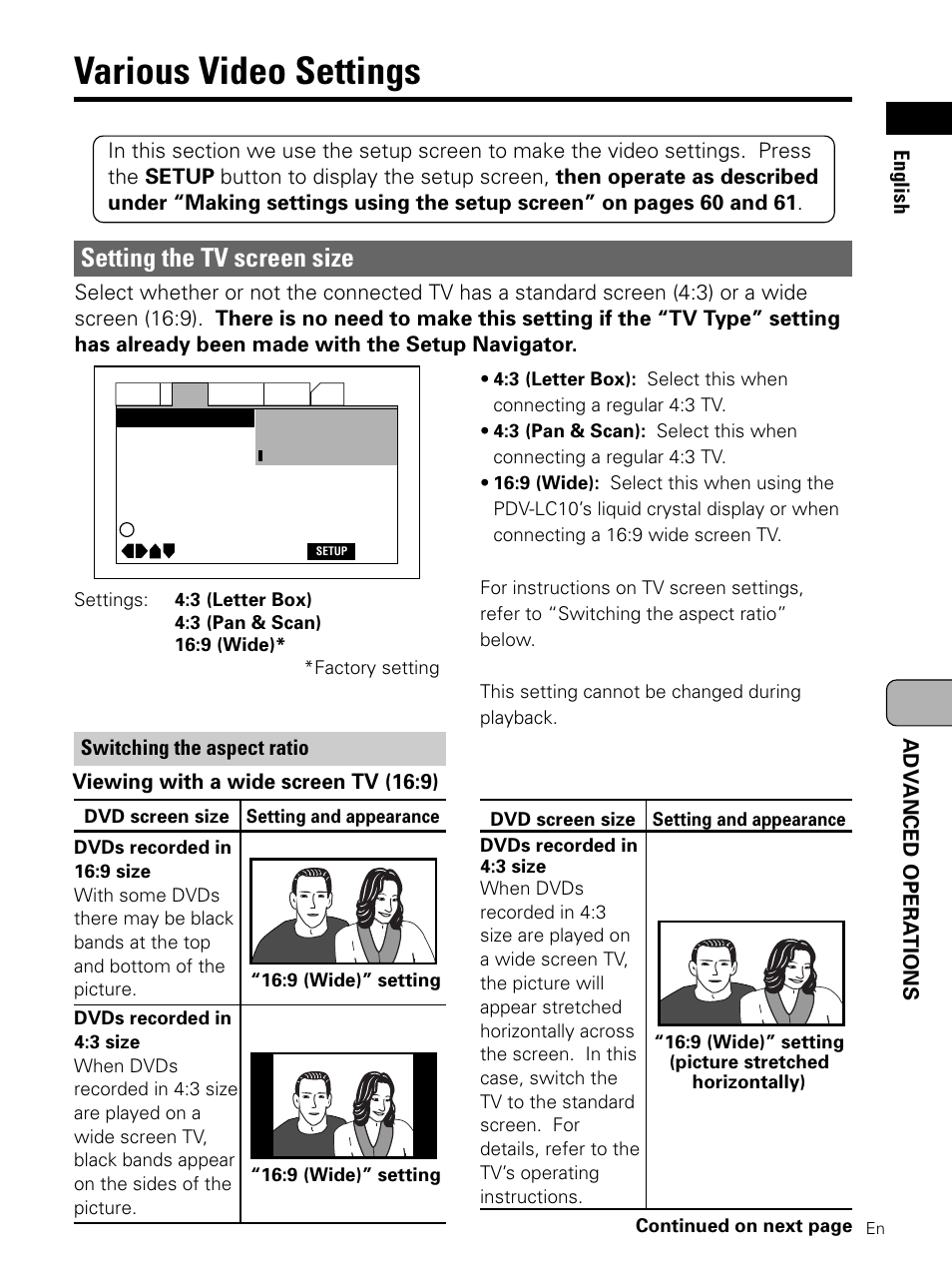 Various video settings, Setting the tv screen size | Pioneer PDV-LC10 User Manual | Page 69 / 128
