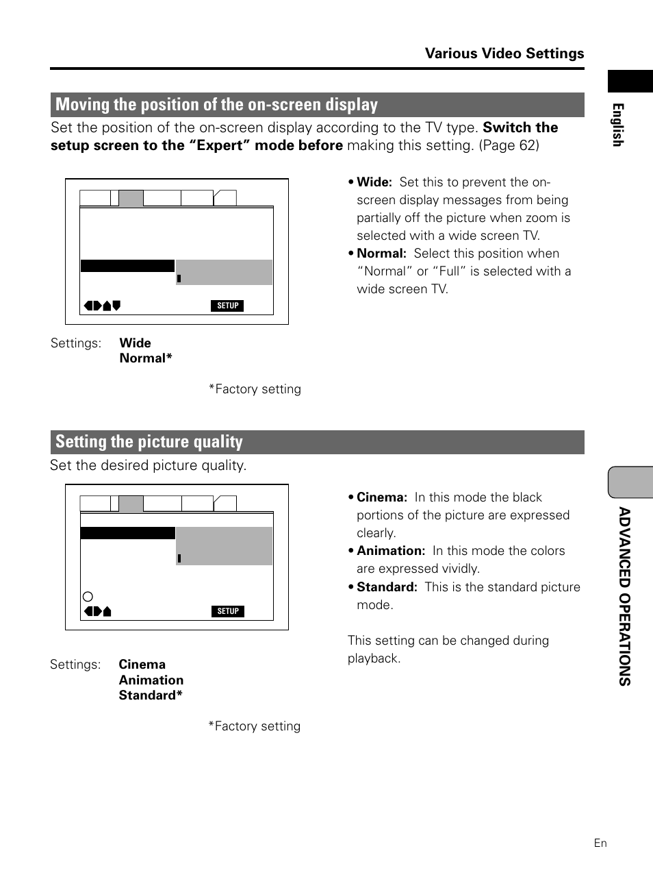 Moving the position of the on-screen, Display, Setting the picture quality | Moving the position of the on-screen display, Set the desired picture quality | Pioneer PDV-LC10 User Manual | Page 71 / 128