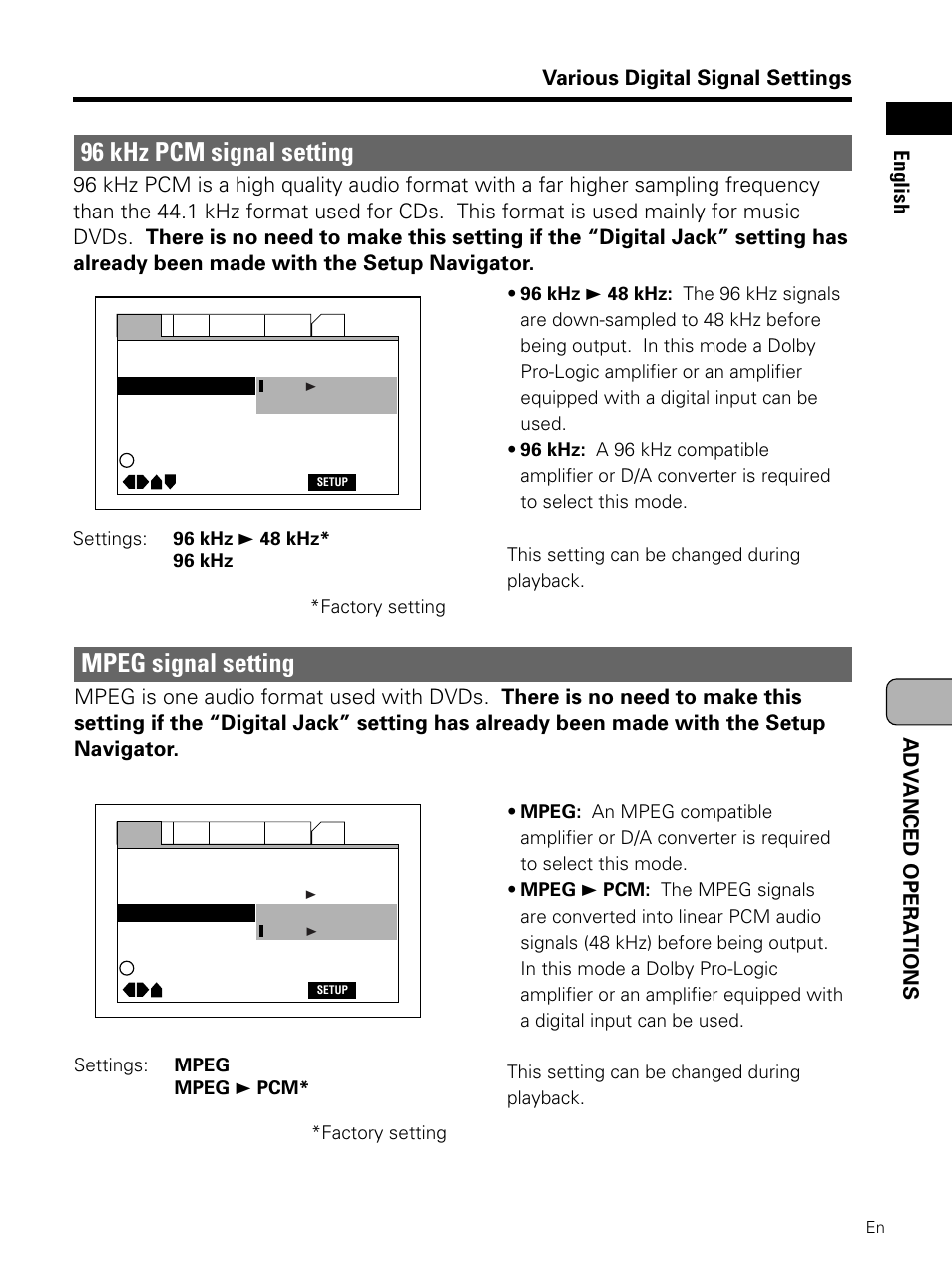 96 khz pcm signal setting, Mpeg signal setting | Pioneer PDV-LC10 User Manual | Page 73 / 128