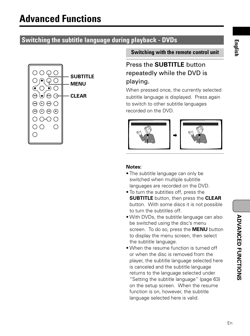 Advanced functions, Switching the subtitle language during, Playback | Adv anced functions english, Switching with the remote control unit | Pioneer PDV-LC10 User Manual | Page 75 / 128