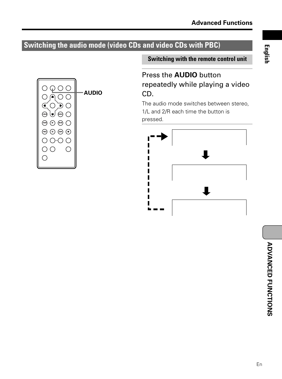 Switching the audio mode, Adv anced functions english advanced functions, Switching with the remote control unit | Pioneer PDV-LC10 User Manual | Page 79 / 128