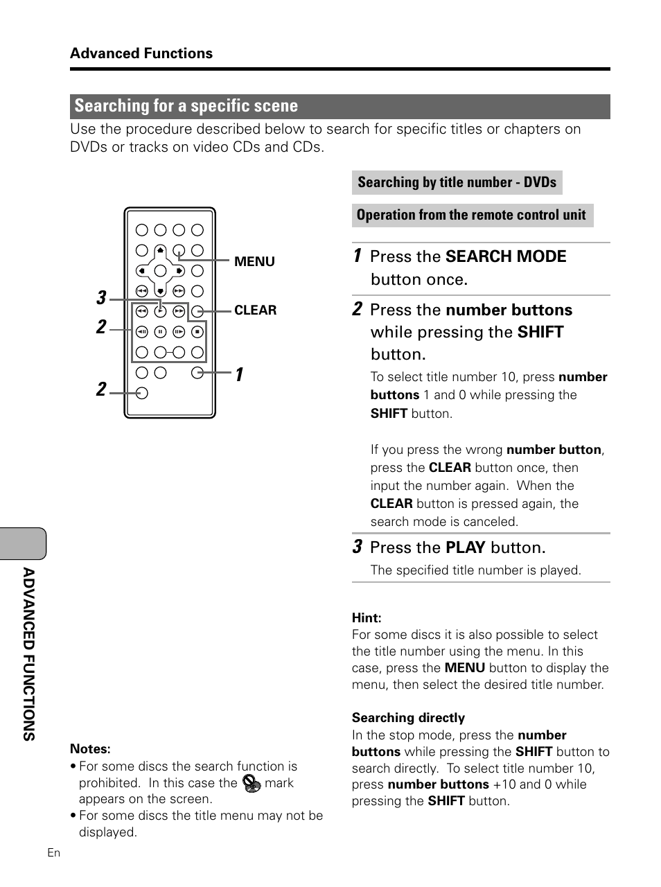 Searching for a specific scene, Press the search mode button once, Press the play button | Pioneer PDV-LC10 User Manual | Page 82 / 128