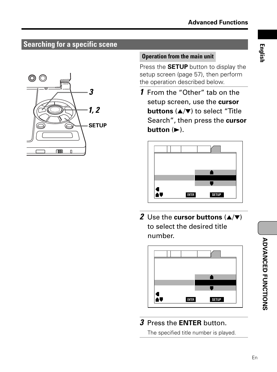 Searching for a specific scene, Press the enter button, Advanced functions | Pioneer PDV-LC10 User Manual | Page 83 / 128